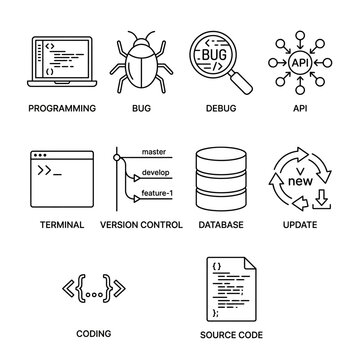 Programming icons, coding symbols, software development graphics, bug fix illustrations, API vector set