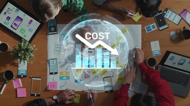 A team collaborates in a workspace focused on cost reduction strategies for digital marketing. Creative solutions unfold with brainstorming and active engagement. Raster