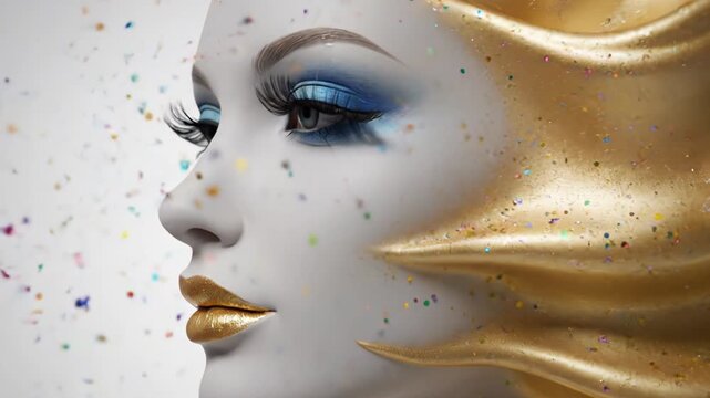 Model with flowing golden hair displays shimmering makeup. Artistic setting enhances features with sparkles and color. Concept of beauty, fashion, cosmetic, modeling