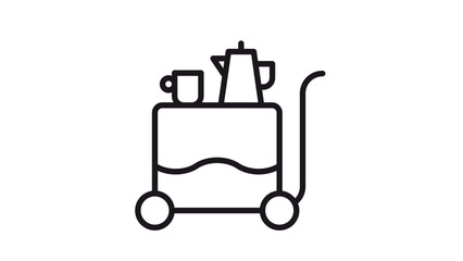 Black line vector icon of a room service trolley or tea cart with a teapot and cup on top, minimalist outline illustration for hotel service, catering, and hospitality industry concepts. © Mirza