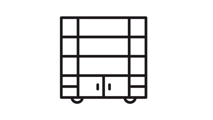 Minimalist black line vector icon of a modern bookshelf or storage cabinet furniture with multiple open shelves and a double-door cupboard at the bottom, isolated on a white background. © Mirza