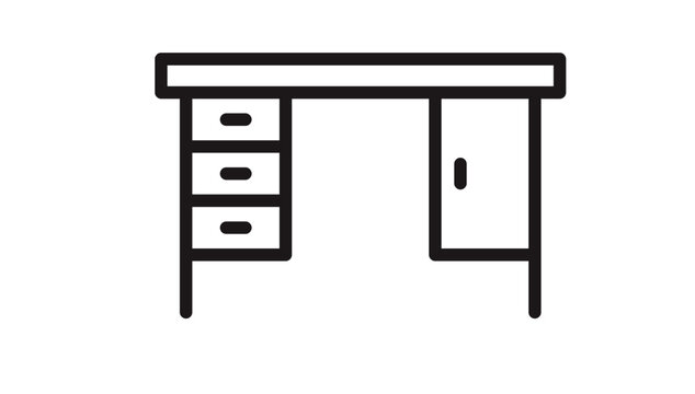 Minimalist black vector icon of an office desk with drawers and a cabinet, scalable line art illustration of a workstation furniture piece for business, interior design, and home office.