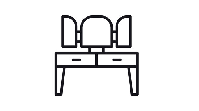 Dressing table with three-part mirror and drawers vector icon. Minimalist black line illustration of a vanity table for bedroom furniture design. Scalable graphic symbol of a makeup desk.