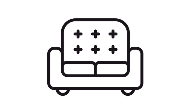 Black line art vector icon of a tufted sofa or couch with two cushions and armrests, minimalist furniture illustration for interior design, home decor, and living room lifestyle concepts.