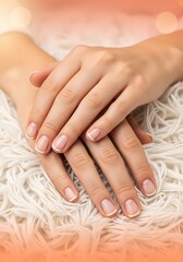 Naklejka premium Close-up of a woman's hands with perfect French manicured nails resting on a fluffy white surface image