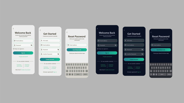 Modern mobile authentication UI kit featuring light and dark mode login, signup, and reset password screens. Clean minimal design with email and guest access options.