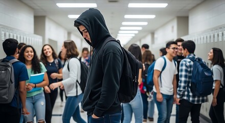 Fototapeta premium A student in a hoodie stands apart from classmates in a brightly lit school hallway