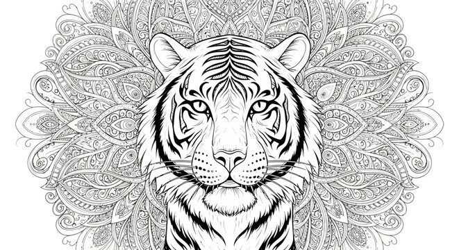 Majestic Tiger Portrait with Intricate Mandala Background. Detailed Black and White Line Art, Zen Adult Coloring Book Style