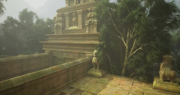 A historic temple complex emerges through thick foliage, featuring ornate stonework and guardian statues. The atmosphere is misty, adding a sense of mystery and tranquility to the setting.