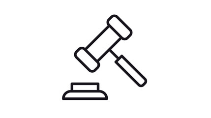 Minimalist black line art vector icon of a judge's gavel and sound block, symbolizing law, justice, legal authority, and auction bidding. Clean scalable illustration for court and legal design. © Mdraza