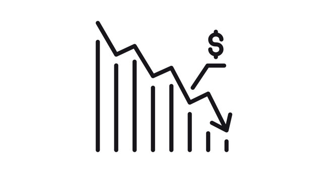 Minimalist black vector icon illustration of a downward trending financial line graph and bar chart with a dollar sign, symbolizing economic recession, stock market crash, or business loss.
