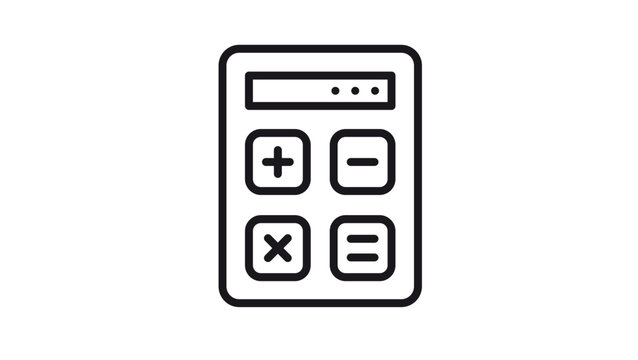 Simple black line art calculator vector icon illustration featuring a display screen and four basic arithmetic operation buttons for addition subtraction multiplication and equality.