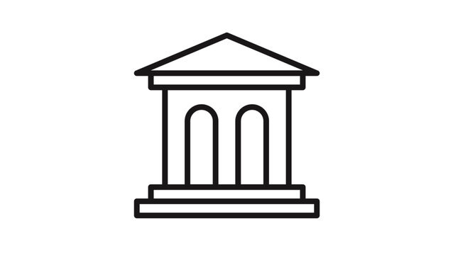 Classical building line vector icon featuring a triangular pediment and arched entrances, representing a bank, museum, or courthouse. Minimalist architectural symbol for finance and law.