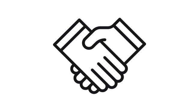 Minimalist black vector icon of a handshake symbolizing business partnership, agreement, and cooperation. Clean line art illustration of two hands shaking for trust, deal, and collaboration.