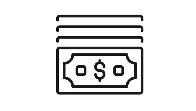 Minimalist black line vector icon of a stack of dollar bills representing cash, currency, and financial wealth. Scalable illustration of paper money for banking, business, and payment concepts.