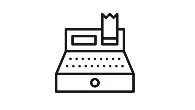 Black line vector icon of a cash register with a receipt, symbolizing retail, commerce, and business transactions. Minimalist graphic illustration for web design, mobile apps, and business use.