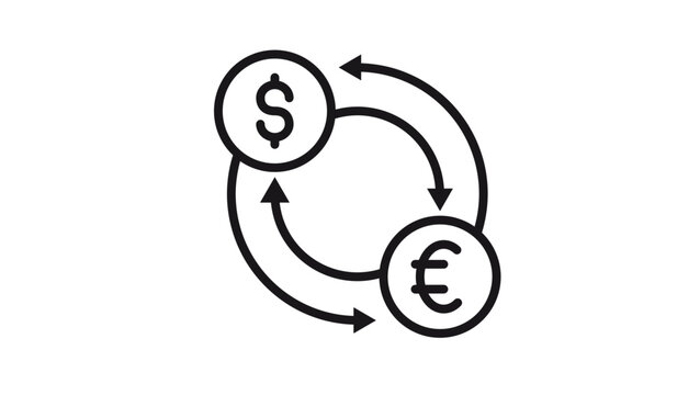 Black line art vector icon illustration of a currency exchange symbol with dollar and euro signs connected by circular arrows, representing money conversion, forex trading, and global finance.
