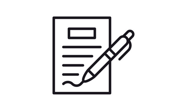 Minimalist black outline vector icon of a paper document and a pen signing a signature, symbolizing a contract agreement, legal form, business deal, application, or official paperwork.