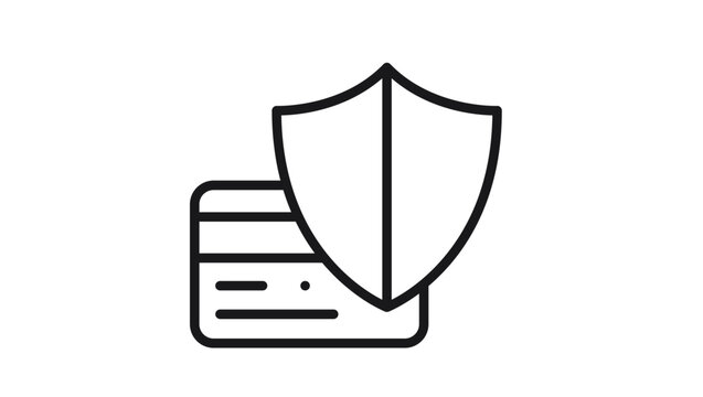 Secure credit card payment vector icon with shield for financial protection, online banking security, fraud prevention, and safe digital transactions, minimalist black line illustration.