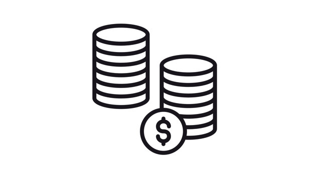Minimalist black line vector icon illustration of two stacks of coins with a dollar sign symbol in front, representing money, finance, savings, investment, banking, and wealth accumulation.