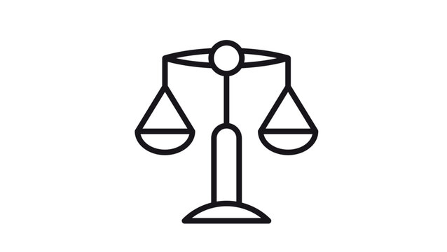 Black line art vector icon of a balance scale of justice, symbolizing law, legal system, equality, and fairness. Minimalist outline illustration for legal services, court, and judicial concepts.