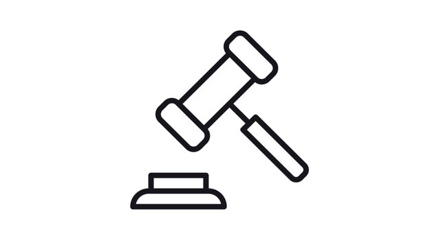 Minimalist black line art vector icon of a judge's gavel and sound block, symbolizing law, justice, legal authority, and auction bidding. Clean scalable illustration for court and legal design.