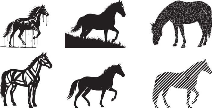 Horse silhouette collection with artistic styles, running and standing stallions, geometric, grunge, striped designs, black vector illustration isolated set