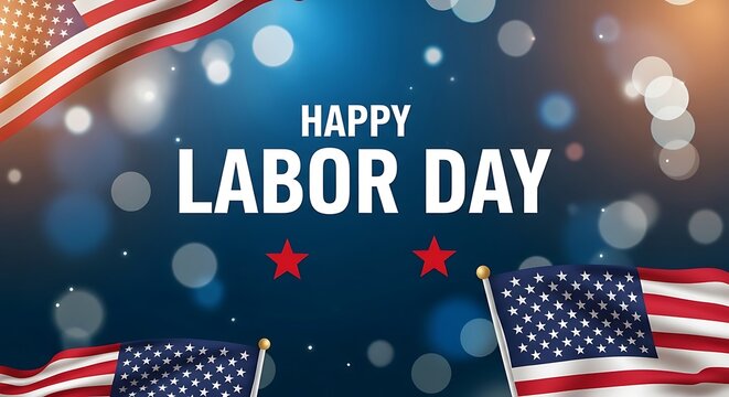 Happy labor day with american flags on blue background with bokeh lights