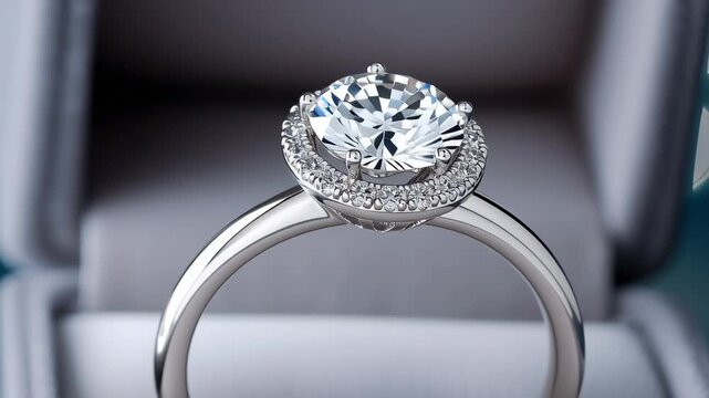 Diamond engagement ring in elegant box with soft bokeh lights creating a romantic luxury jewelry and proposal concept