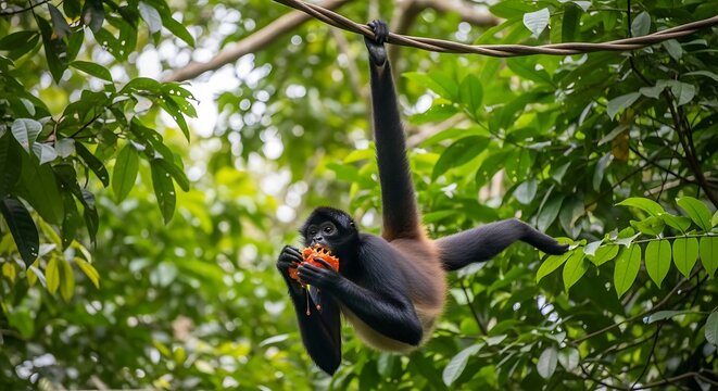 Black spider monkey hanging on branch and eating fruit in lush green jungle environment.