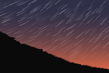 Purple red night sky, star trails. Landscape, rocky ground outline © arvitalya