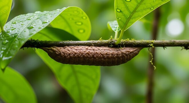 Brown insect cocoon attached to tree branch with water drops.
