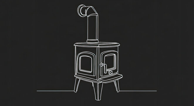 Line art illustration of a wood burning stove with flue pipe classic design on dark backdrop for vintage home heating concept