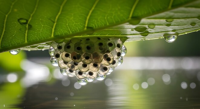 Glass frog eggs attached to underside of leaf above forest stream.