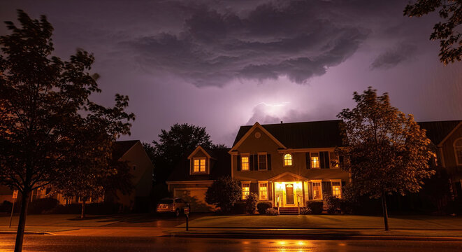 Dramatic storm clouds illuminate suburban house at night with lightning strikes showcasing illuminated windows and lush green lawns