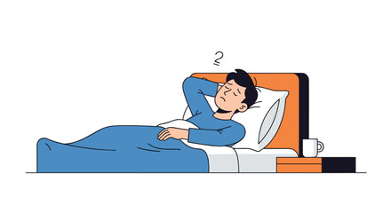 Fototapeta premium A distressed man lies awake in a blue-covered bed with an orange headboard, holding his head, next to a nightstand with a white mug.