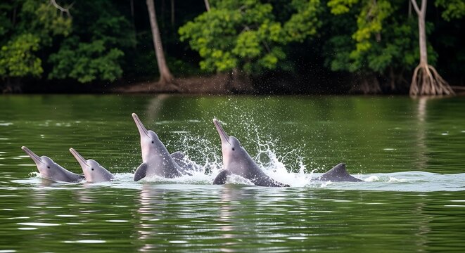 Group of pink river dolphins leaping out of amazon river water in brazil.