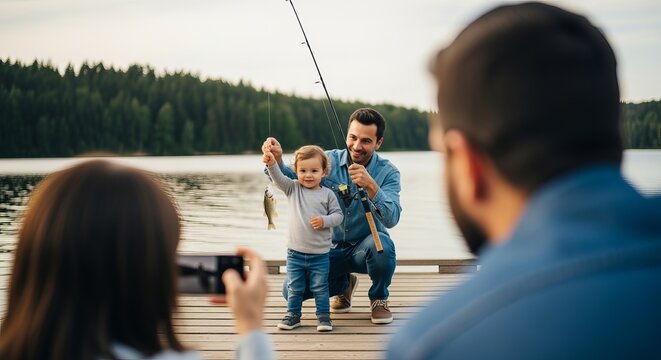 A Family s Joyful Day at the Lake Capturing a Child s First Fishing Experience with Parents