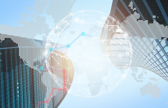 A collection of tall buildings surrounds a globe graphic. The globe shows a world map with data lines. The scene suggests a busy urban area focused on global commerce and networking.