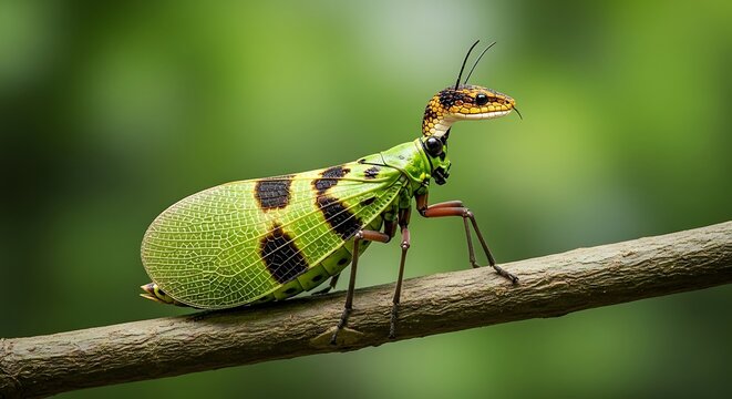 Unique lanternfly insect with snake like head mimicry resting on tree branch.