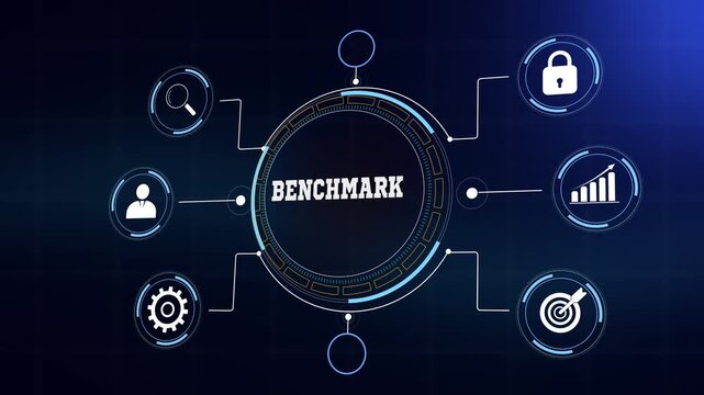 Digital business benchmark and goal achievement visualization, glowing high tech symbols with connecting lines, sleek motion graphics for corporate video