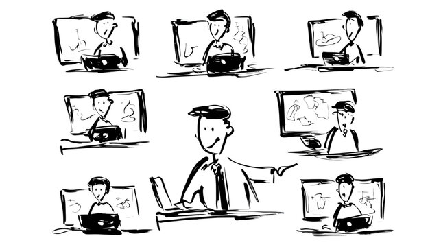 Hand-drawn sketch illustration of people working remotely, engaging in online education, virtual meetings, or e-learning collaboration.