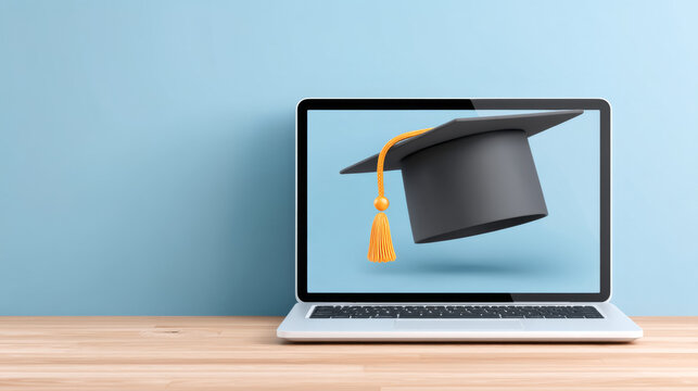 Online graduation concept with graduation cap on laptop screen