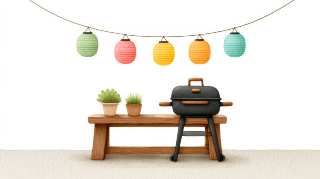 Cozy backyard setup with grill, colorful lanterns, and potted plants on wooden table