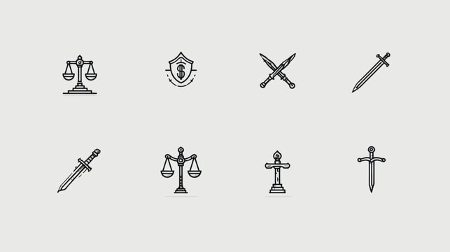 Justice scales, medieval swords and daggers, and financial shield icon set. Law, weapon, security, and protection symbols.