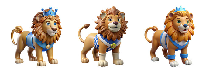Fototapeta premium Three cartoon lions wearing blue crowns and outfits standing in a row isolated on transparent background