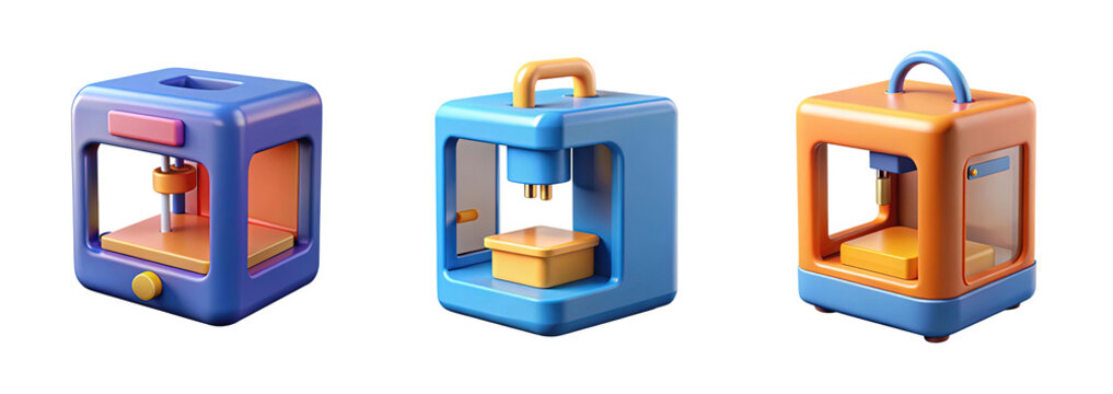 3d illustration of three colorful compact 3d printers isolated on transparent background