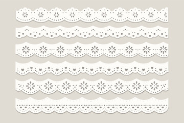 Fototapeta premium Set of White Cotton Scalloped Eyelet Lace Ribbons and Broderie Anglaise Borders. Hand Drawn Decorative Fabric Ornament Textile Trims for Fashion, Sewing, Scrapbooking, and Vintage Craft Projects.