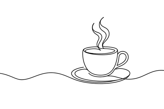 Minimalist continuous line drawing of a steaming coffee cup on a saucer, elegant single line art of a hot beverage with smoke or steam, vector illustration for cafe menu, breakfast, and morning.