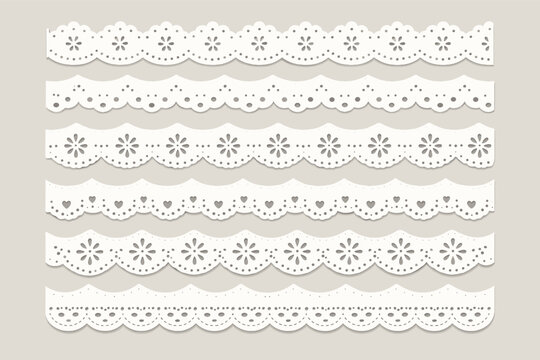 Set of White Cotton Scalloped Eyelet Lace Ribbons and Broderie Anglaise Borders. Hand Drawn Decorative Fabric Ornament Textile Trims for Fashion, Sewing, Scrapbooking, and Vintage Craft Projects.